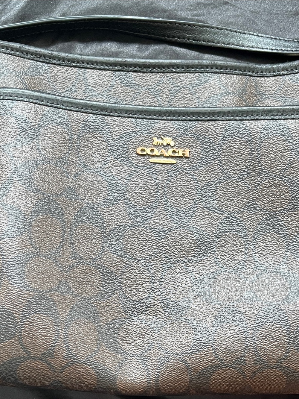 Coach Brown and Black Signature Canvas Shoulder Bag with Gold Logo